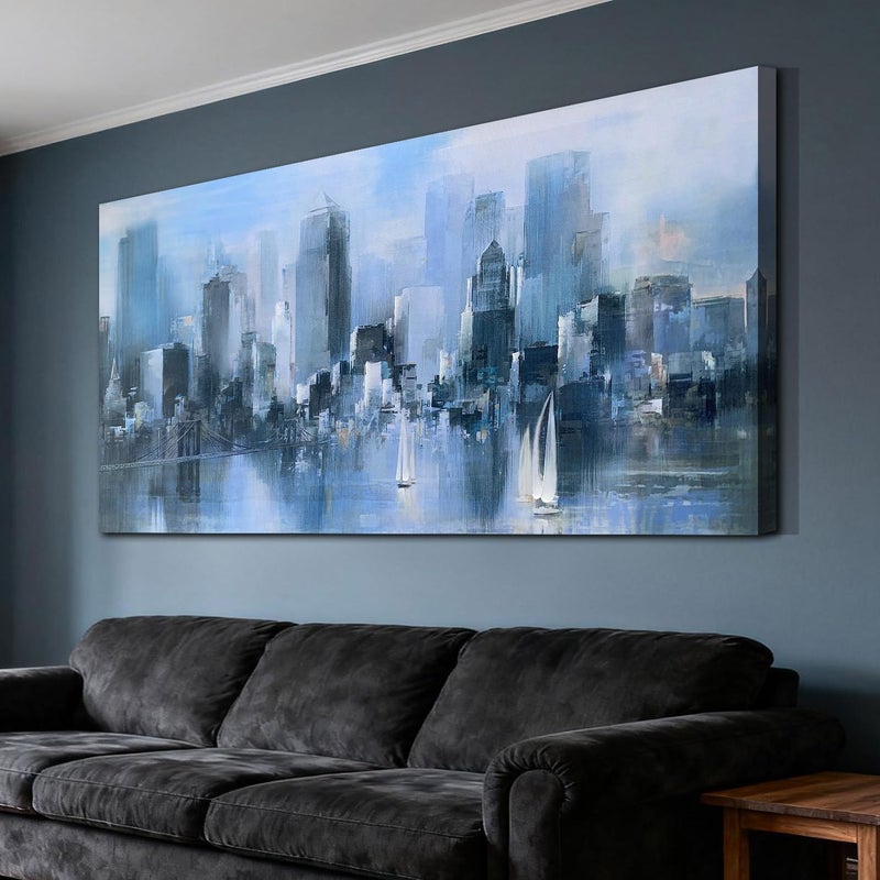 ARS Graphics ARS® Large Blue Canvas Wall Art Abstract Cityscape Picture with Brooklyn Bridge and Sailboats - 40"x20" - Image 2