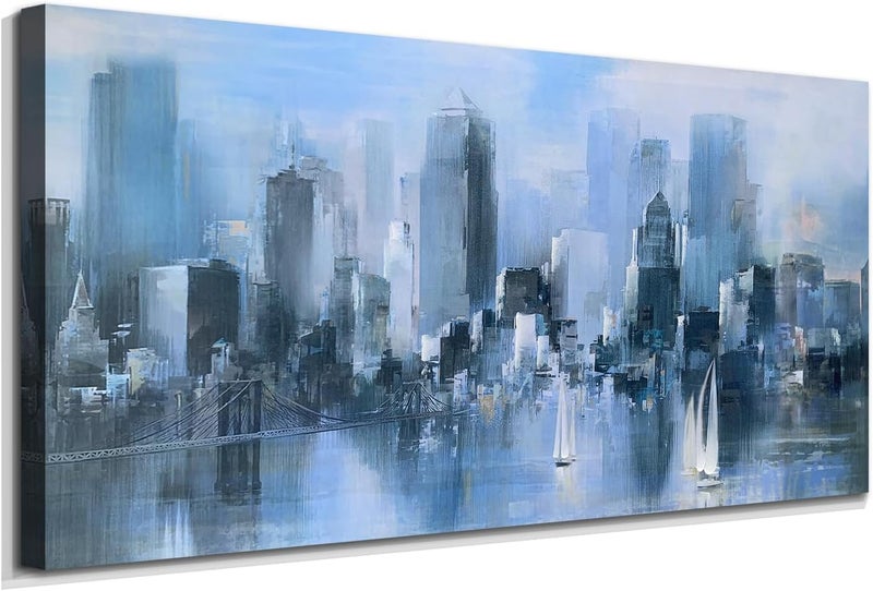 ARS Graphics ARS® Large Blue Canvas Wall Art Abstract Cityscape Picture with Brooklyn Bridge and Sailboats - 40"x20" - Image 1