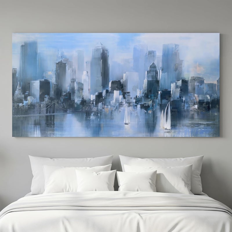 ARS Graphics ARS® Large Blue Canvas Wall Art Abstract Cityscape Picture with Brooklyn Bridge and Sailboats - 40"x20" - Image 3