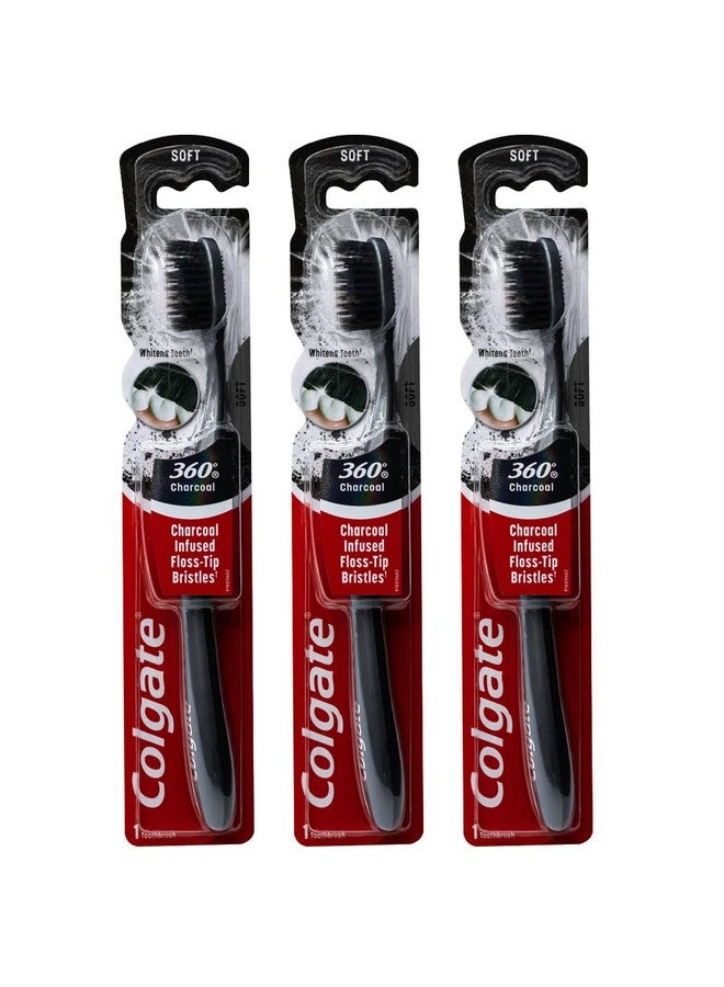 كولجيت فرشاة أسنان كولجيت 360 بنكهة الفحم، شعيرات ناعمة بطرف خيط تنظيف الأسنان (ألوان متنوعة) - عبوة من 3 قطع - Image 1