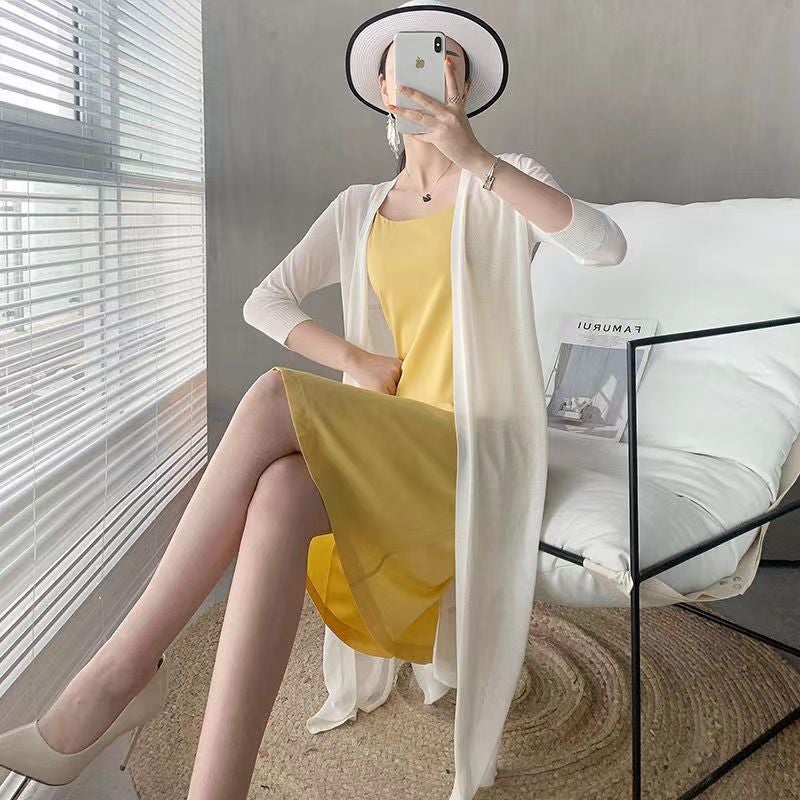 Ice Silk Knitted Cardigan Womens Sun Protection Clothing Mid-length Sleeve Summer Thin Shawl Outer Wear Loose Air-conditioning Shirt Jacket White