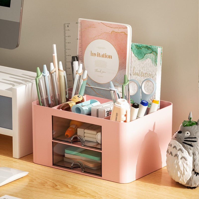 Marbrasse Pen Organizer with 2 Drawer, Multi-Functional Pencil Holder for Desk, Desk Organizers and Accessories with 5 Compartments + Drawer for Office Art Supplies (Pink) - Image 3