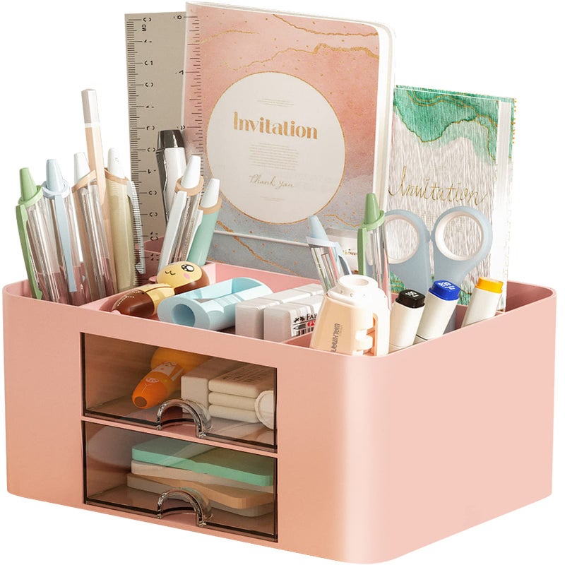 Marbrasse Pen Organizer with 2 Drawer, Multi-Functional Pencil Holder for Desk, Desk Organizers and Accessories with 5 Compartments + Drawer for Office Art Supplies (Pink) - Image 1