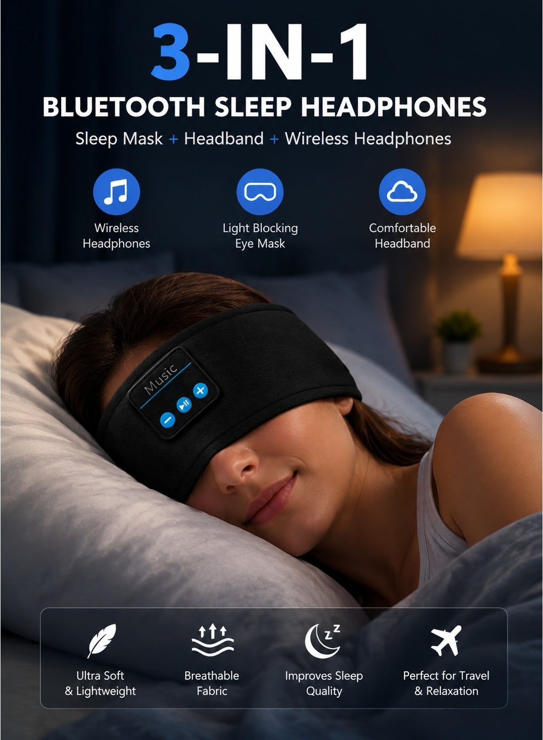 ميوزيكوزي Musicozy Bluetooth Sleep Headphones Headband 3-in-1 Sleep Eye Mask 70 g