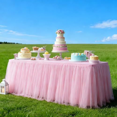 Yoquare 1-Pack Pink 2-in-1 Tulle Tablecloth for 8-Foot Rectangular Table – Stretch Fitted Table Skirt & Cover for Baby Shower, Bridal, Birthday, Princess Party - Image 3