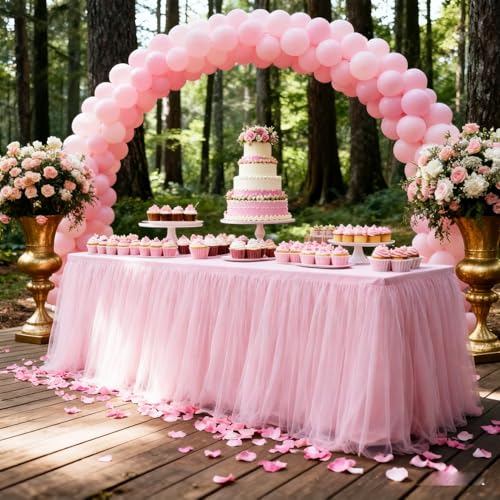 Yoquare 1-Pack Pink 2-in-1 Tulle Tablecloth for 8-Foot Rectangular Table – Stretch Fitted Table Skirt & Cover for Baby Shower, Bridal, Birthday, Princess Party - Image 4