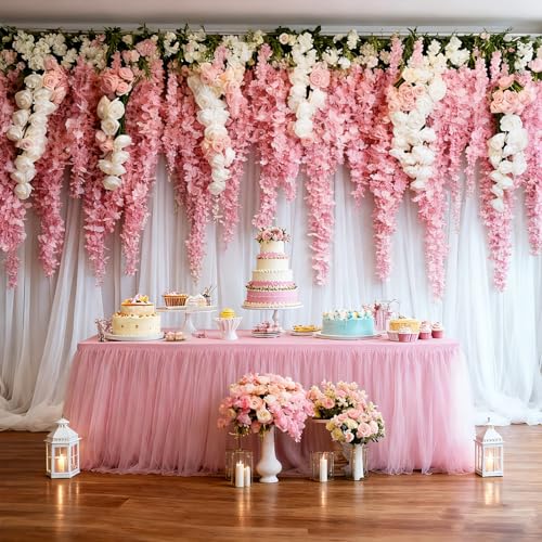 Yoquare 1-Pack Pink 2-in-1 Tulle Tablecloth for 8-Foot Rectangular Table – Stretch Fitted Table Skirt & Cover for Baby Shower, Bridal, Birthday, Princess Party - Image 5