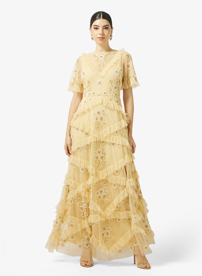 مايا فستان ماكسي بأكمام ملاك مزين بكشكشة فاخرة - Image 1