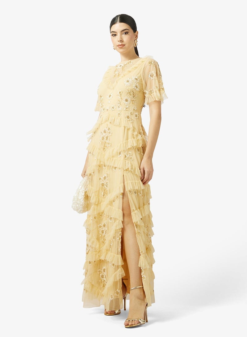 مايا فستان ماكسي بأكمام ملاك مزين بكشكشة فاخرة - Image 1