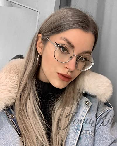 JOVAKIT Polygon Blue Light Blocking Glasses for Women Men Vintage Octagon Square Non-prescription Metal Eyeglasses (Silver) - Image 5