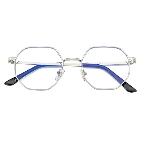 JOVAKIT Polygon Blue Light Blocking Glasses for Women Men Vintage Octagon Square Non-prescription Metal Eyeglasses (Silver) - Image 2