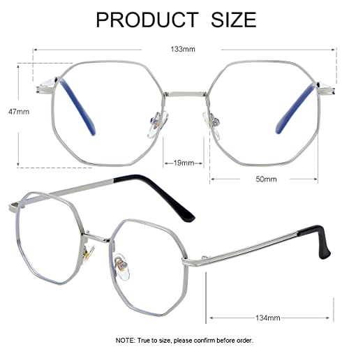 JOVAKIT Polygon Blue Light Blocking Glasses for Women Men Vintage Octagon Square Non-prescription Metal Eyeglasses (Silver) - Image 3