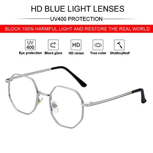 JOVAKIT Polygon Blue Light Blocking Glasses for Women Men Vintage Octagon Square Non-prescription Metal Eyeglasses (Silver) - Image 4