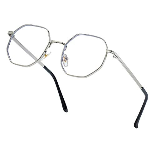 JOVAKIT Polygon Blue Light Blocking Glasses for Women Men Vintage Octagon Square Non-prescription Metal Eyeglasses (Silver) - Image 1