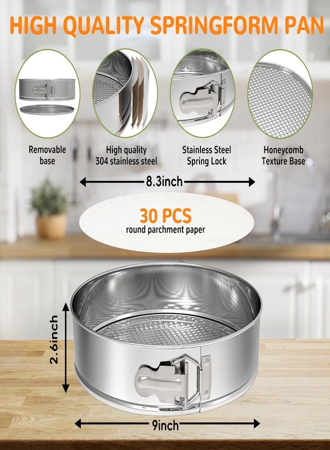 ZeroPone 9 Inch 304 Stainless Steel Springform Pan with Removable Bottom, Nonstick Round Spring Form Cheesecake Pan with 30 Pcs Parchment Paper Liners - Image 2