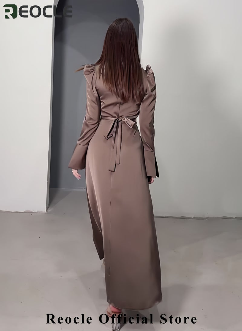 ريوكل فستان عباية ساتان سادة للنساء، فستان ماكسي بفتحة رقبة على شكل حرف V، فستان طويل بأكمام منتفخة، فستان طويل الأكمام برباط، فستان طويل الخصر - Image 4