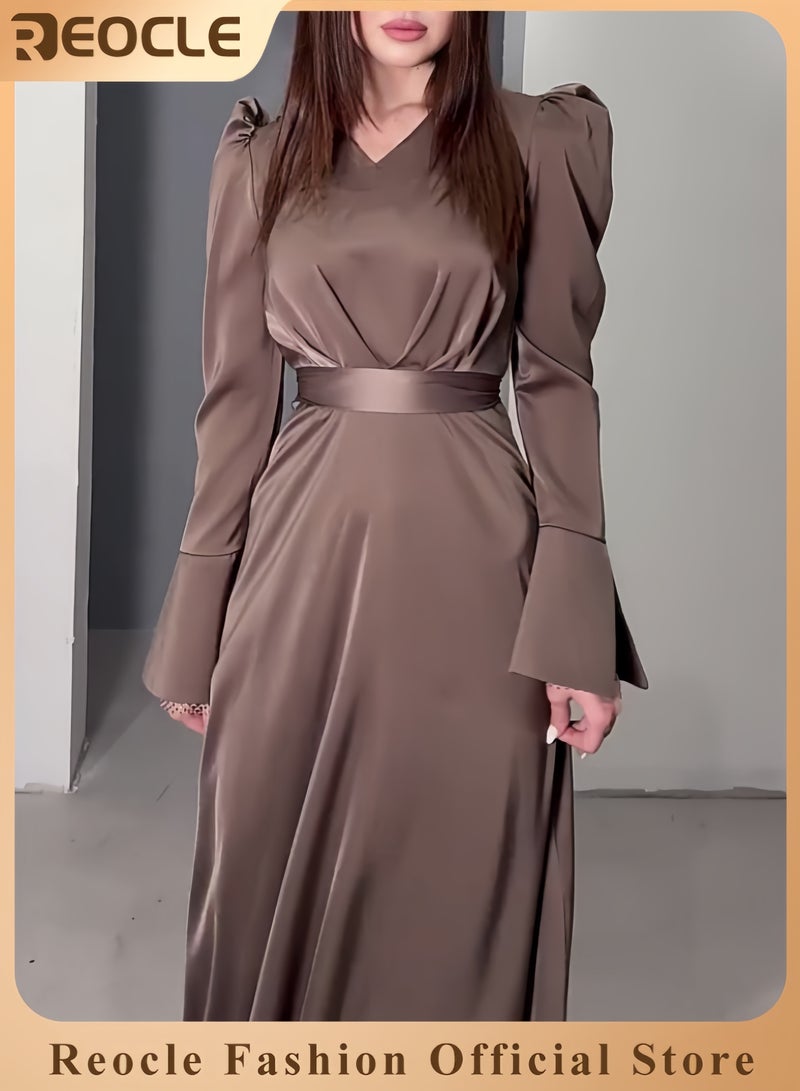 ريوكل فستان عباية ساتان سادة للنساء، فستان ماكسي بفتحة رقبة على شكل حرف V، فستان طويل بأكمام منتفخة، فستان طويل الأكمام برباط، فستان طويل الخصر - Image 1