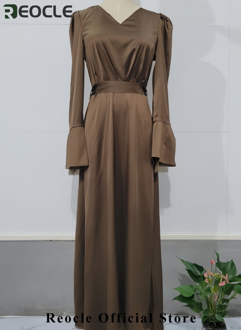 ريوكل فستان عباية ساتان سادة للنساء، فستان ماكسي بفتحة رقبة على شكل حرف V، فستان طويل بأكمام منتفخة، فستان طويل الأكمام برباط، فستان طويل الخصر - Image 2