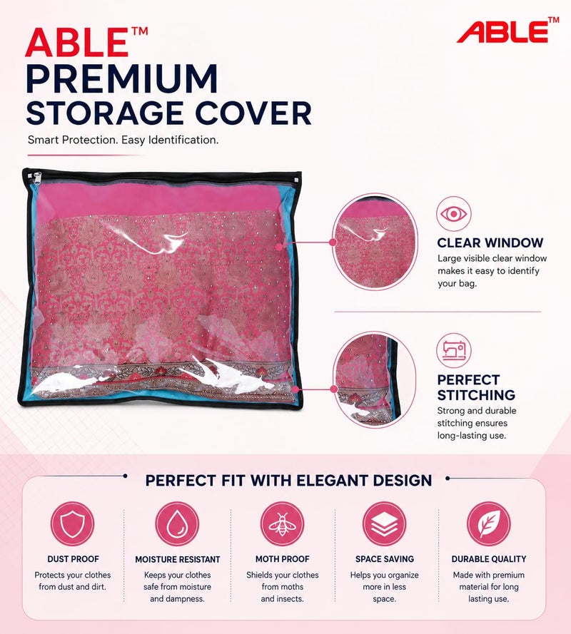 ABLE Non-Woven Fabric Able Set Of 12 Pcs Single Saree Covers/Clothes Storage Bag/Wardrobe Organizer With Front Full Transparent For Lehenga, Suit, Dress,& Accessories (SEA GREEN), 14.5 Inch - Image 5