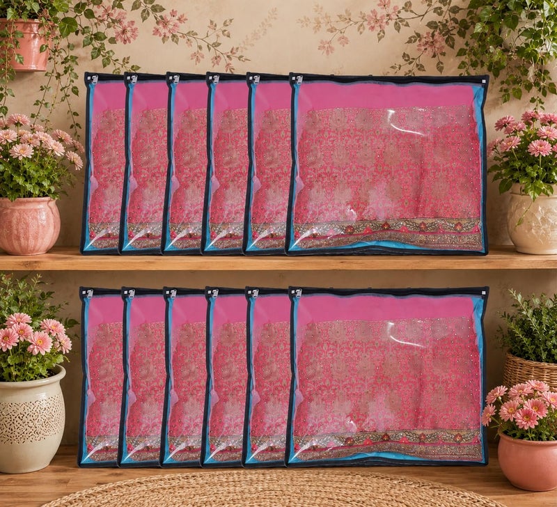 ABLE Non-Woven Fabric Able Set Of 12 Pcs Single Saree Covers/Clothes Storage Bag/Wardrobe Organizer With Front Full Transparent For Lehenga, Suit, Dress,& Accessories (SEA GREEN), 14.5 Inch - Image 1
