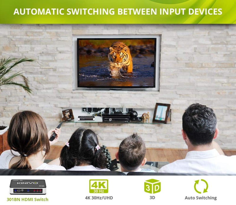 Kinivo HDMI Switch 4K HDR 301BN (3 in 1 Out, 4K 60Hz HDR, HDMI 2.0, High Speed 18Gbps, IR Remote, HDCP) - Compatible with Roku, PS5, Xbox, Apple TV, Nintendo Switch, Cable Box - Image 2