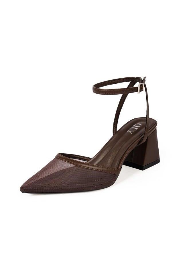 QIY Closed Toe Heels for Women Ankle Strap Pointed Toe Slingback Chunky Low Heels Womens Pumps Wedding Dress Shoes, Chocolate Mesh, 9.5 - Image 1