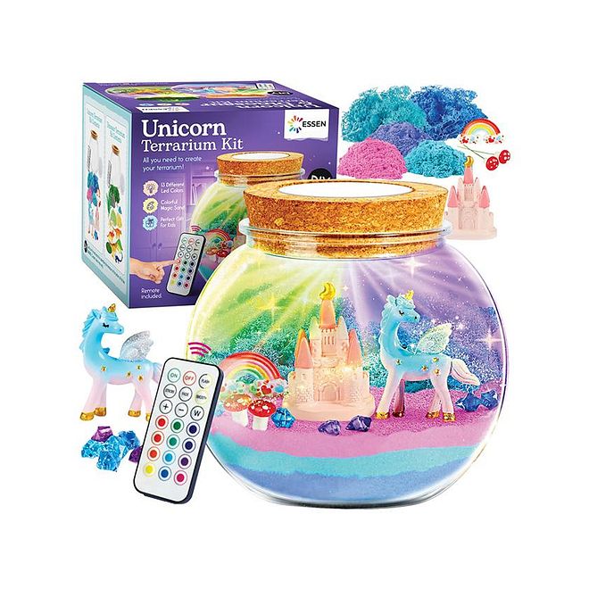 ESSEN Unicorn Terrarium DIY Craft Kit With Remote, 13-colored LED, 3 Adjustable Light Modes, Easy To Assemble, 5 Years+, 15 x 15 x 14 cm - 13 Pieces - Image 1