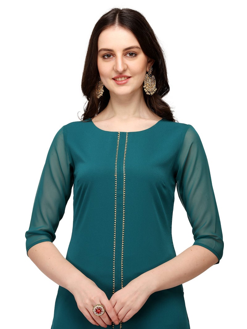 FIORRA Women's Teal Blue Poly Crepe Straight Kurta with Pant and Dupatta SET0037-S - Image 4