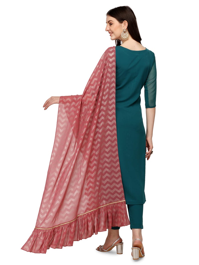 FIORRA Women's Teal Blue Poly Crepe Straight Kurta with Pant and Dupatta SET0037-S - Image 3