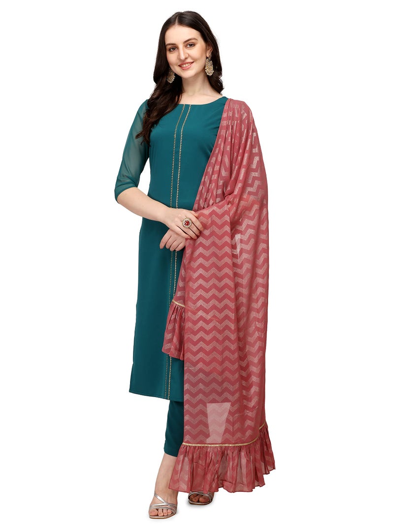 FIORRA Women's Teal Blue Poly Crepe Straight Kurta with Pant and Dupatta SET0037-S - Image 1