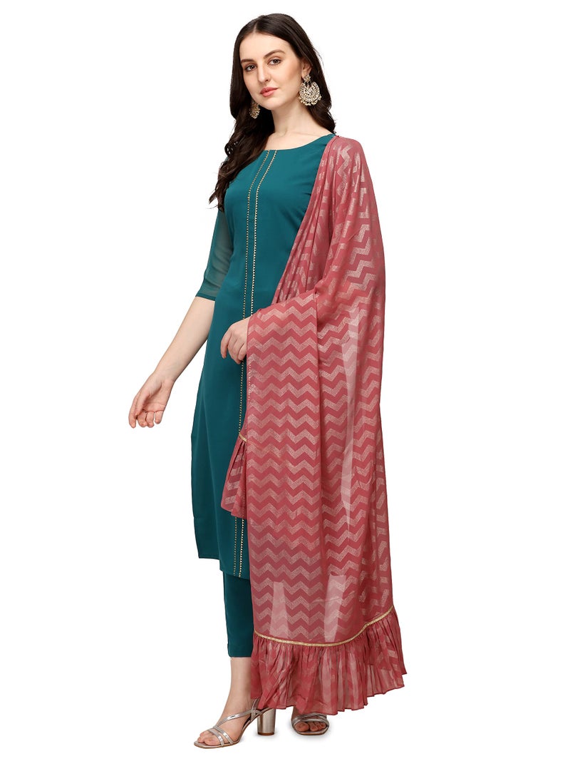 FIORRA Women's Teal Blue Poly Crepe Straight Kurta with Pant and Dupatta SET0037-S - Image 2