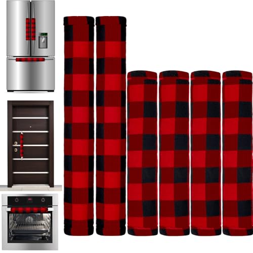 Boao 6 Pieces Christmas Refrigerator Cover Cabinet Door Handle Covers Thick Plaid Kitchen Appliance Covers Handle Protector for Christmas Decorations MicrowaveBlack and RedBuffalo Plaid - Image 1