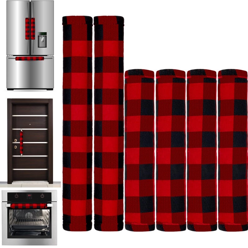 Boao 6 Pieces Christmas Refrigerator Cover Cabinet Door Handle Covers Thick Plaid Kitchen Appliance Covers Handle Protector for Christmas Decorations MicrowaveBlack and RedBuffalo Plaid - Image 2