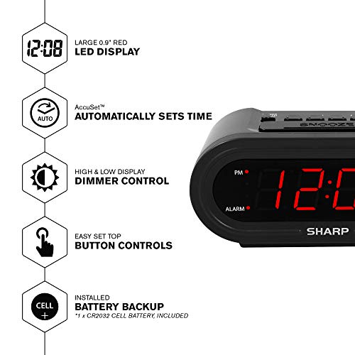 Sharp Digital Alarm with AccuSet - Automatic Smart Clock, Never Needs Setting - Great for Seniors, Kids, and Everyone who Doesn't Want to Set a Clock! Black Case with Red LEDs - Image 2