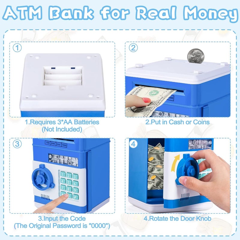 Subao Kids Piggy Bank Toys, Large Electronic ATM Bank for Boys Girls, Crash Coin & Real Money Auto Saving Bank Box with Code Password Lock, Great Gifts Toy Bank for Age 3-10 (Blue) - Image 5