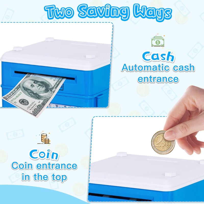 Subao Kids Piggy Bank Toys, Large Electronic ATM Bank for Boys Girls, Crash Coin & Real Money Auto Saving Bank Box with Code Password Lock, Great Gifts Toy Bank for Age 3-10 (Blue) - Image 3