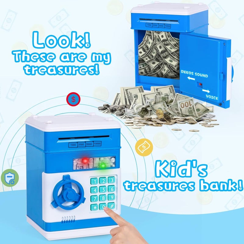 Subao Kids Piggy Bank Toys, Large Electronic ATM Bank for Boys Girls, Crash Coin & Real Money Auto Saving Bank Box with Code Password Lock, Great Gifts Toy Bank for Age 3-10 (Blue) - Image 4