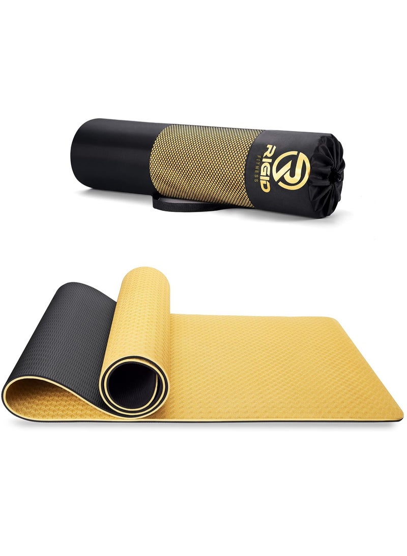 RIGID FITNESS Thick Yoga Mat - Knees Supportive Double Colors Mat for Fitness, Home & Gym Exercise Fitness Mat - Non-Slip Yoga Gym Mat with Carrying Bag - 183*66cm (8mm Thick) Gold/Black - Image 1