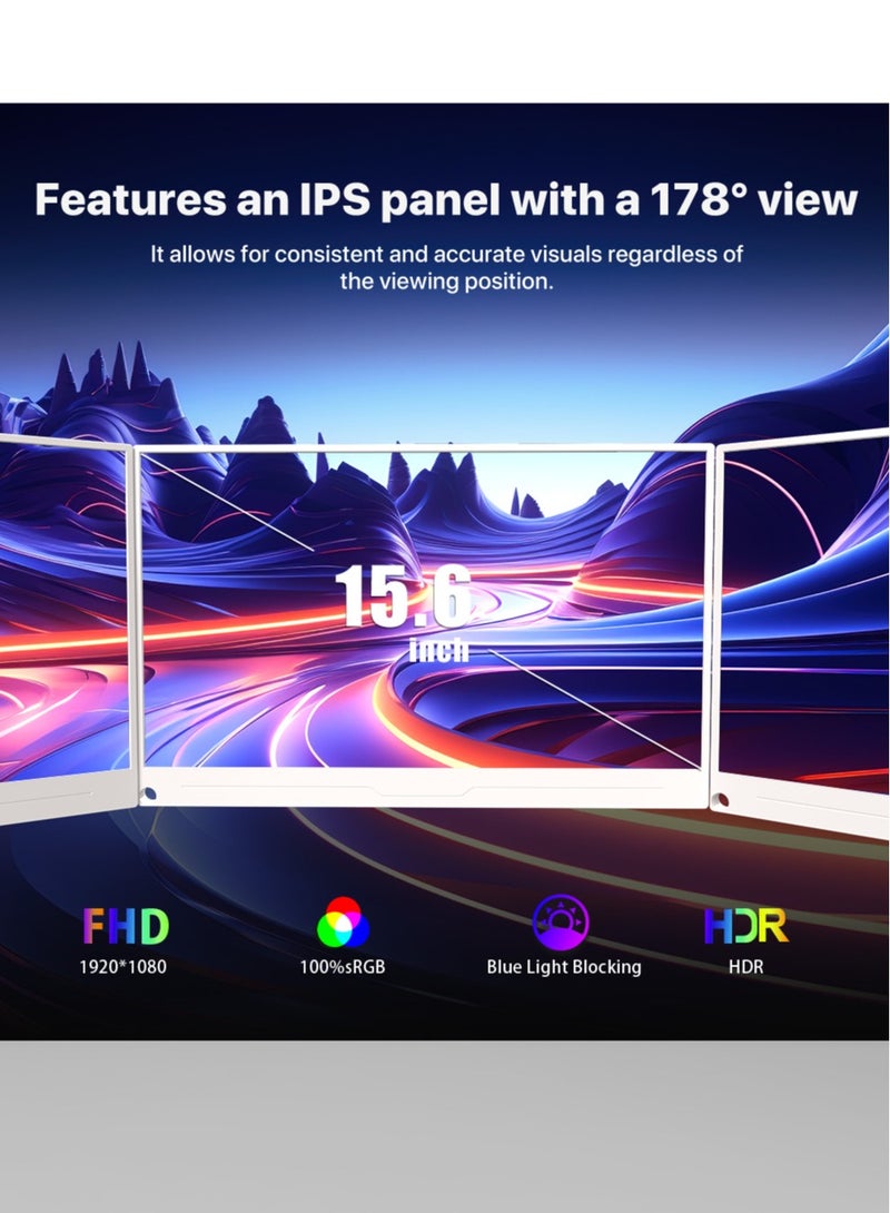 أوبيرفكت شاشة بيضاء محمولة مقاس 15.6 بوصة من UPERFECT شاشة محمولة 1920*1080 FHD شاشة USB C Mini HDMI للكمبيوتر المحمول الكمبيوتر الذكي XBO Switch PS4/5، هيكل معدني، شاشة محمولة قابلة للتركيب VESA - Image 2