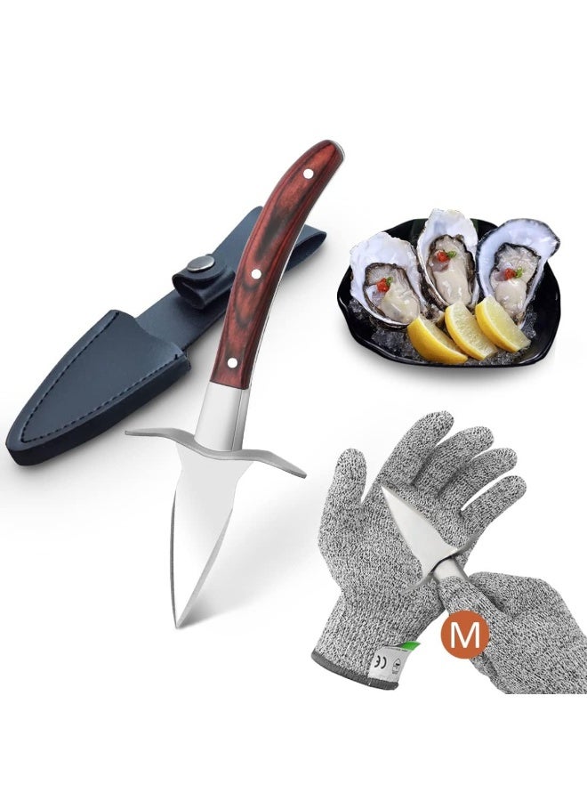 Knife with Premium Quality Wood-Handle 5-Leve Protection Food Grade Shucking Knife and Gloves Oyster Shucking Kit - Image 1