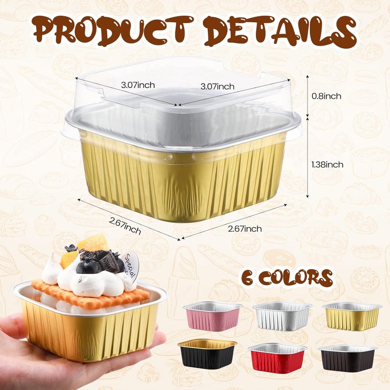 Skylety 100 Pcs 5 oz Mini Square Baking Pans with Lids Aluminum Foil Cupcake Pans Brownie Baking Cups Disposable Ramekins Individual Tin Dessert Containers for Kitchen Birthday (Multicolor) - Image 2