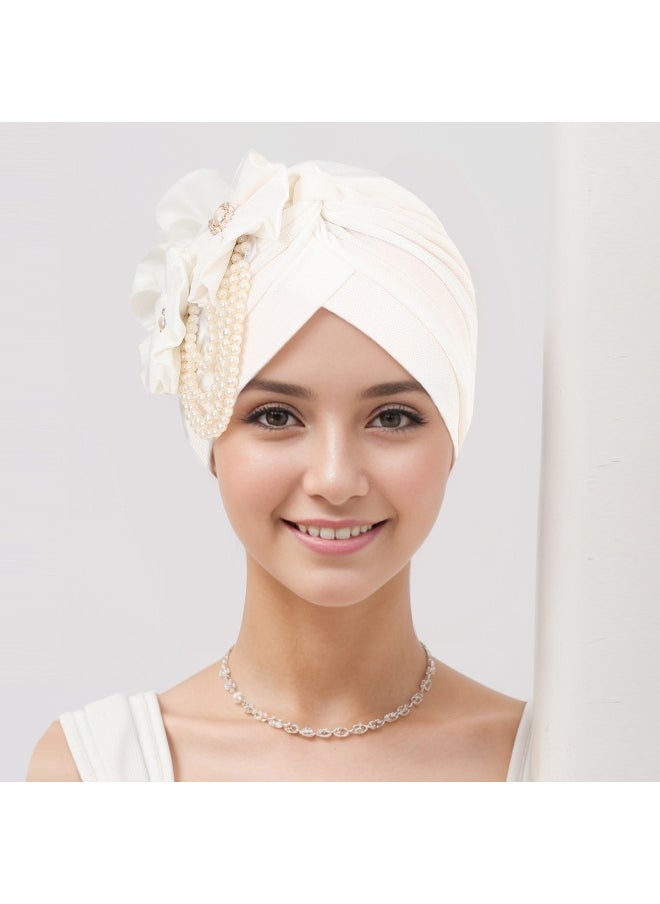 Laravel Women's Flower Pearl Accessories Elegant Fashion Muslim Islamic Arab Hijab Undercap Elastic Turban Hat Headscarf Hat Ramadan Gift Holiday Gift Box - White  - Image 1