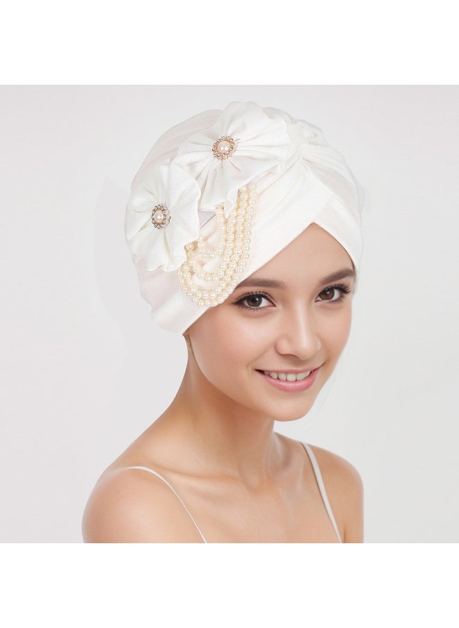 Laravel Women's Flower Pearl Accessories Elegant Fashion Muslim Islamic Arab Hijab Undercap Elastic Turban Hat Headscarf Hat Ramadan Gift Holiday Gift Box - White  - Image 2