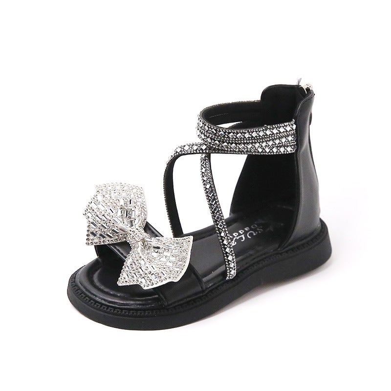 Girls' Fashion Roman Shoes 2023 Summer Korean Style Girl'S Bright Diamond Bow Cross Strap Hollow Princess Sandals - Image 1