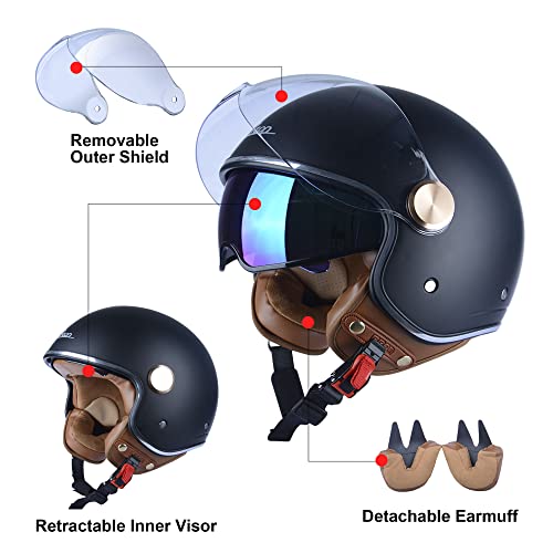 BEON Half 3/4 Face Motorcycle Helmet, DOT Approved, Retro Vintage Style, Dual Visors Men’s and Women’s Motorbike Casco for Moped Cruiser Bobber and Chopper (L, Matte Black) - Image 5