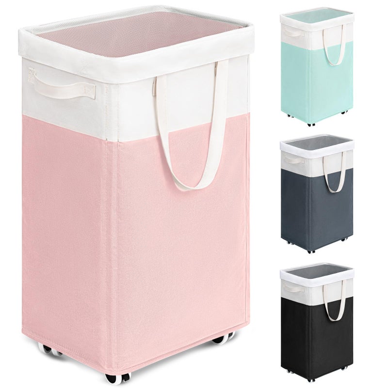 Goodpick Laundry Basket with Wheels 75L Tall Clothes Hamper Large Laundry Basket with Removable Wash Bag for Corner Dorm Rolling Hamper PinkWhite
