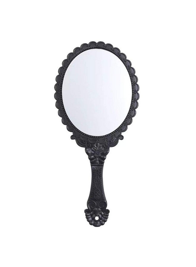 Dzrige Handheld Mirror Vintage Pattern Handle Makeup Mirror Hand Held Travel Mirrors Personal Cosmetic Mirror With Powder Puff (Black)  - Image 1