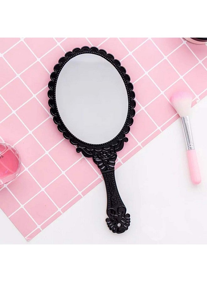 Dzrige Handheld Mirror Vintage Pattern Handle Makeup Mirror Hand Held Travel Mirrors Personal Cosmetic Mirror With Powder Puff (Black)  - Image 3