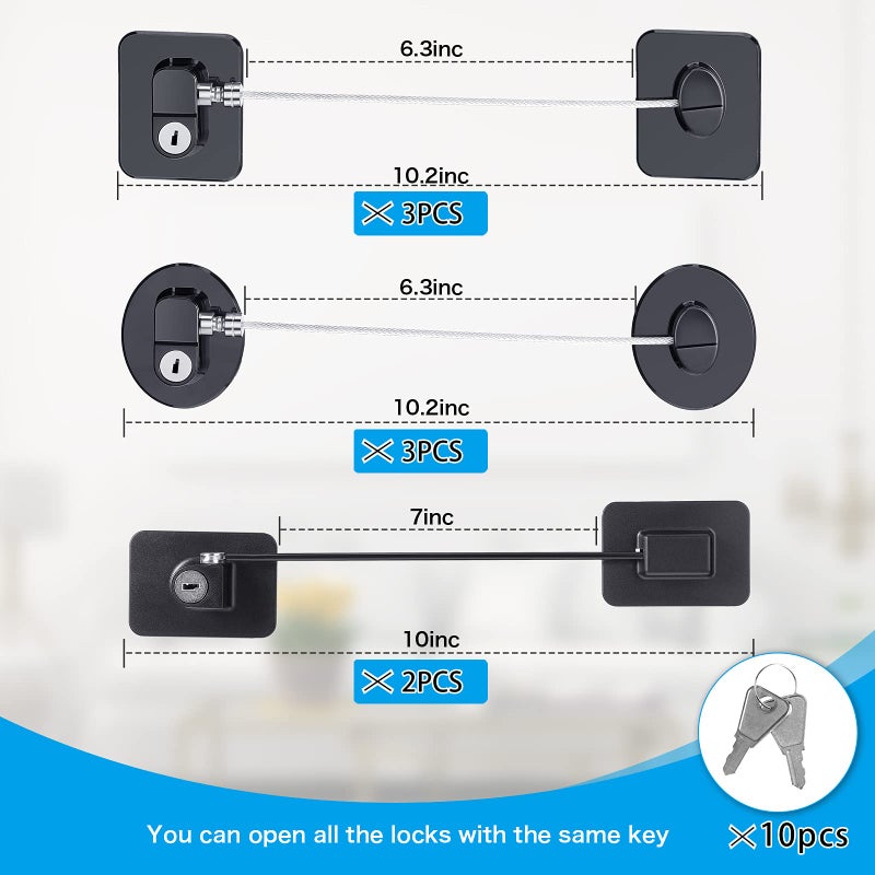 Hotop 8 Pieces Refrigerator Locks for Children Adults with 10 Keys, Fridge Lock, Freezer Door Safety Cabinet Lock and Child Safety Cabinet Locks with Strong Adhesive (Black) - Image 2