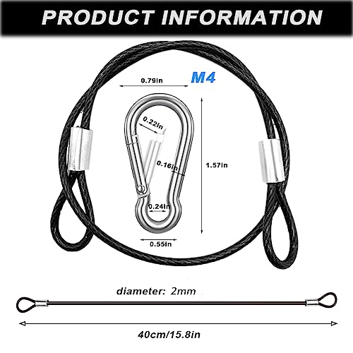 CKANDAY 10 Pack 16 Inch(40cm) Stainless Steel Tethers with 4 Pcs Spring Snap Hook Clips, Steel Wire Cable with Loops Vinyl Cover Coated Short Rope Lanyard Lock Tether Chains, Black - Image 2